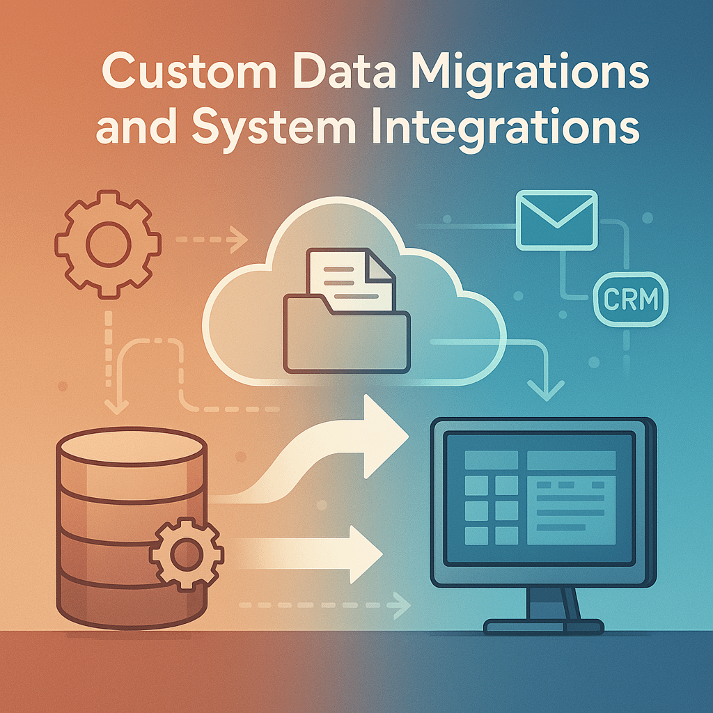 Illustratie van een soepele gegevensmigratie van traditionele systemen naar de cloud, met integraties met bedrijfshulpmiddelen zoals CRM, e-mail en facturering. Dit vertegenwoordigt efficiënte ICT-oplossingen voor het MKB.