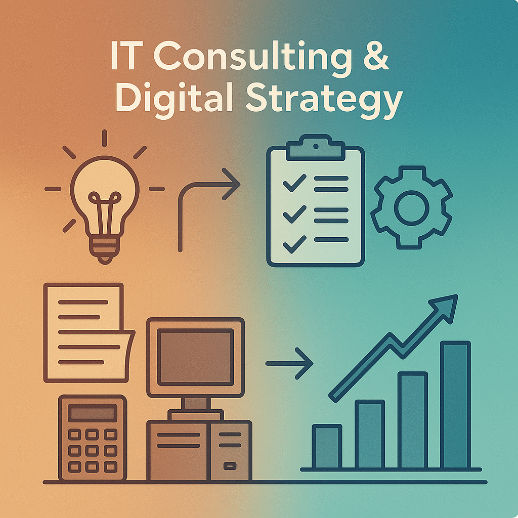 Flat-style infographic illustrating IT consulting and digital strategy with icons for innovation, planning, upgrades, and growth, set on a gradient background from orange to teal, representing future-oriented ICT solutions for SMEs.