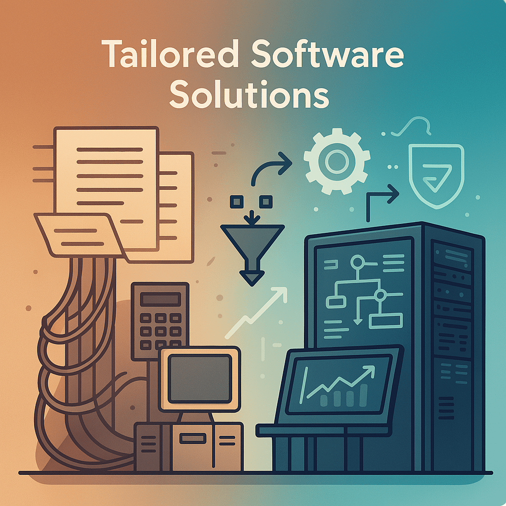 Illustration showing a transition from outdated manual tools like paper and calculators to modern digital software solutions with flowcharts, automation icons, and server systems, representing customized software development for small businesses.