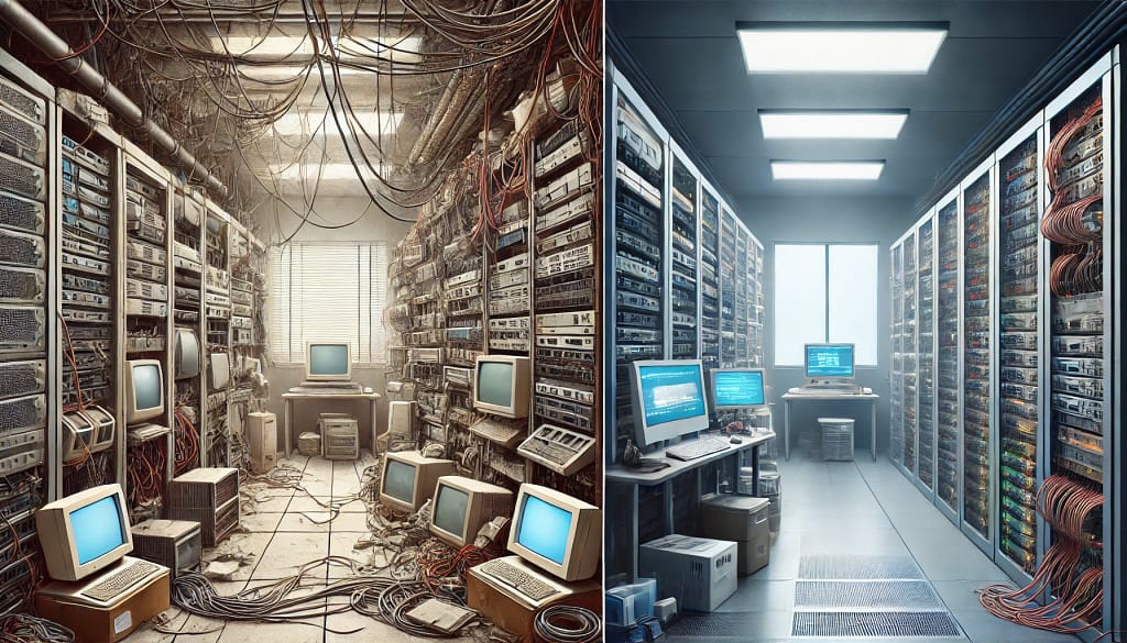 Side-by-side comparison of a cluttered, outdated server room with tangled cables on the left, and a clean, modern data center with neatly organized racks and equipment on the right.