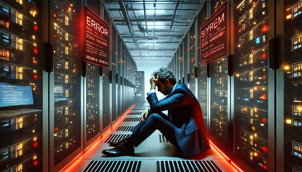 An image of a stressed business owner facing a computer screen with error messages or servers in a server room with warning lights.