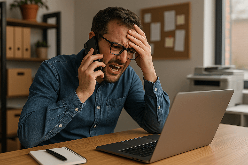 a small business owner is frustrated on the phone behind his laptop because of IT problems