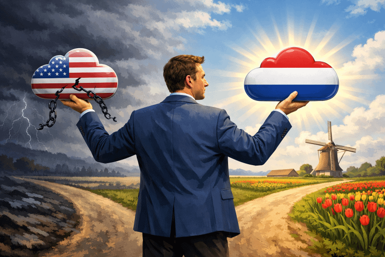 A Dutch small business owner stands at a crossroads holding two cloud icons: one cloud bears an American flag and shows a broken chain, the other cloud sports a Dutch flag and radiates stability. The scene illustrates choosing a Dutch cloud solution for continuity – the owner turns toward the Dutch flag cloud with determination, symbolizing breaking free from reliance on US tech providers.