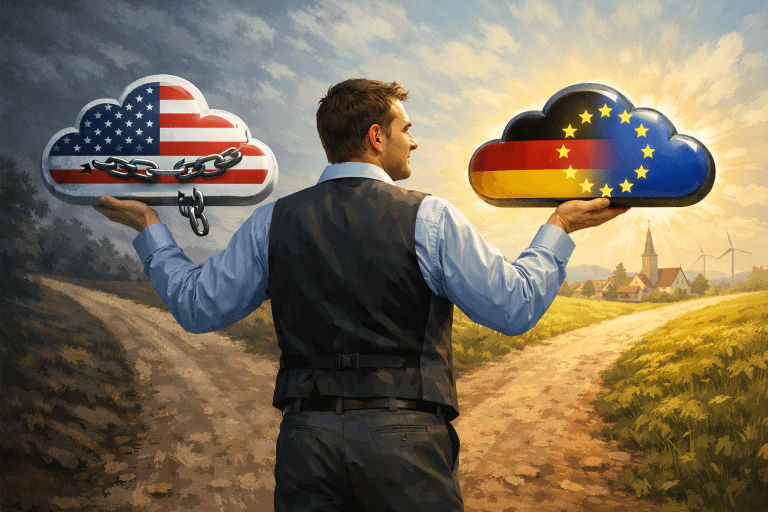 Ein deutscher Kleinunternehmer steht an einer Weggabelung und hält zwei Cloud-Symbole: Die eine Wolke trägt eine US-Flagge und eine zerrissene Kette, die andere Wolke zeigt die Deutschland-/EU-Flagge und leuchtet stabil. Der Unternehmer wendet sich entschlossen der deutschen/europäischen Wolke zu. Die Illustration symbolisiert die Entscheidung für eine lokale Cloud-Lösung für Betriebskontinuität – das Durchtrennen der Fesseln der Abhängigkeit von US-Tech-Giganten, damit das Geschäft auch bei Turbulenzen weiterlaufen kann.