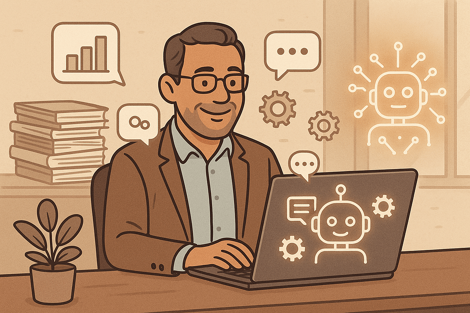 Illustratie van een mkb-ondernemer op kantoor achter de computer, tevreden glimlachend terwijl een digitale AI-assistent op het scherm helpt bij een taak. Rondom de laptop zweven iconen van grafieken, tandwielen en chatballonnen – symbolen die laten zien hoe AI werk automatiseert en inzichten geeft. Op de achtergrond is links een stapel papieren en mappen te zien (oude, handmatige manier van werken) en rechts een lichtgevend neuraal netwerk of roboticoon dat ondersteunt (de moderne AI-aanpak). Dit beeld toont hoe AI de dagelijkse werkzaamheden in een klein bedrijf slimmer en efficiënter maakt.